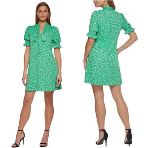 DKNY Puff Sleeve Front Print Tie Neck Mini Swing Dress Women's 4 Green Chiffon